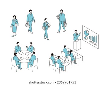 Vector illustration set of people job hunting. people walking to company. presentation. group discussion.