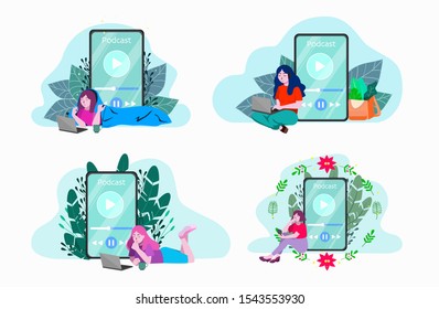 Vector illustration set of people listening to podcast. Concept of modern media communication,podcasting. People listening to online stream set. New radio content