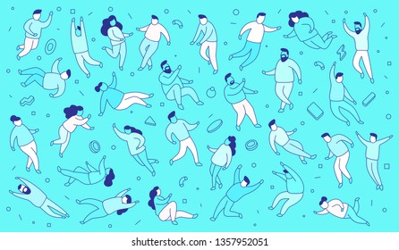 Vector illustration of set of people on blue background in casual clothes in different poses. Line art style design for web, site, banner, pattern