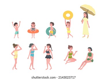 Vector illustration set of people playing in beach.