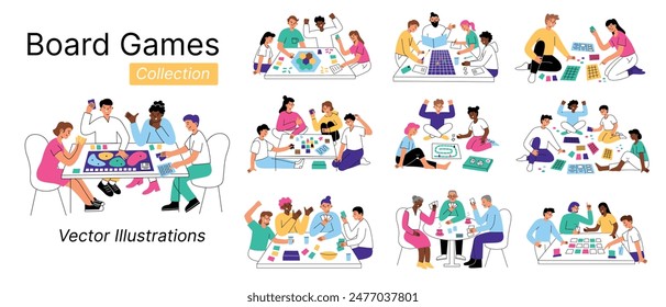 Vector illustration set of people playing boardgames. Friends and families enjoying card games at table. Children, adults, elderly cartoon style characters. Fun leisure time, bonding, entertainment