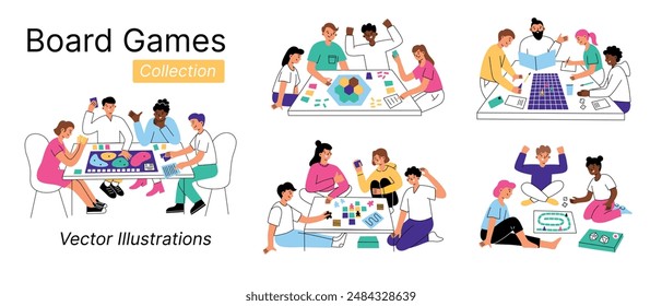 Ilustración vectorial conjunto de personas jugando juegos de mesa. Amigos, familias disfrutando de juego de cartas en la mesa. Niños, adultos, personajes de dibujos animados de edad avanzada. Diversión, tiempo libre, unión y entretenimiento