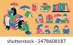 Vector illustration set of people reading and books