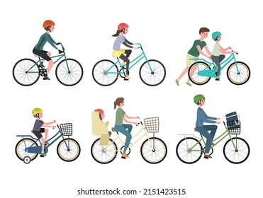 Un conjunto de ilustraciones vectoriales de personas en bicicleta usando casco.