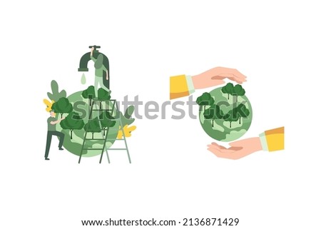 Vector illustration set People save planet . Cartoon flat ecologist activist characters protect green nature, earth globe ecology and environment. Ecological environmental protection isolated on white