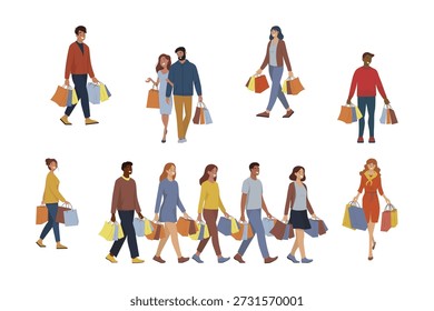 Conjunto de ilustração vetorial de pessoas comprando com compras