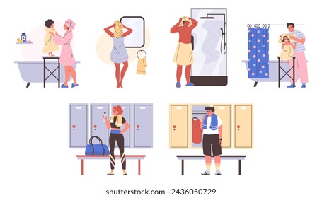 Vector illustration set of people with towels in shower and locker room scenarios. Man and woman activities include drying, changing and personal care in daily life.