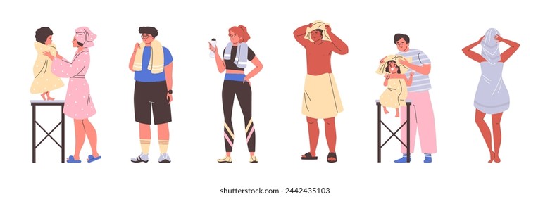 Vector illustration set of people using towels in various ways after shower. Cartoon characters depicted in routine of drying, training and caring for themselves.