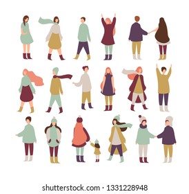 Vector illustration set of people walking, standing. Collection of male and female characters isolated on white background in flat cartoon style.