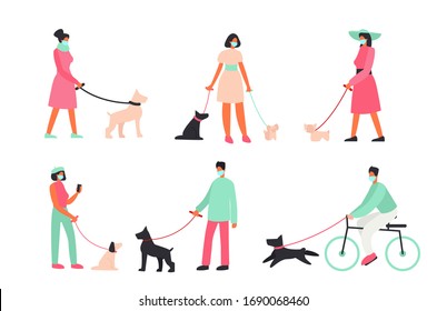 Vector illustration set of people wearing medical protection masks, people walking with dogs outside. Protection, virus, workout with dog outside concept in flat cartoon style.