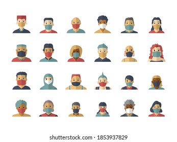 vector illustration set of people wearing a masks isolated on white background.