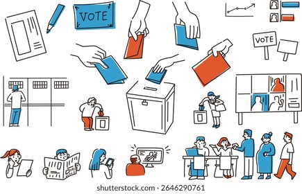 Ilustração vetorial de um conjunto de pessoas que votam nas urnas.