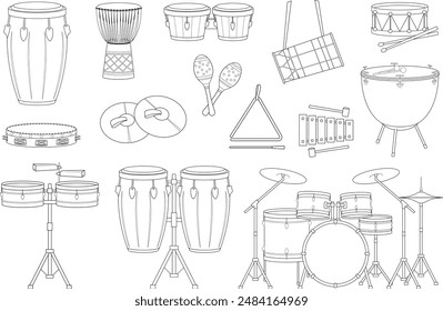 Vector illustration set of percussion musical instruments for coloring in cartoon style isolated on white background