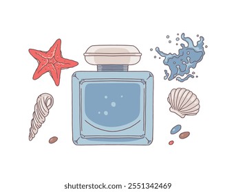 Vector illustration of set with perfume bottle and ingredients. Notes of marine fragrance of perfume with starfish, pebbles and shells. Aroma cosmetics. Flat style on isolated background.