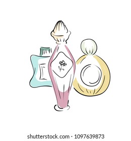 Vector illustration of set of perfume bottles in a sketch style isolated on white