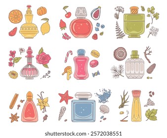 Vector illustration of a set of perfume perfumes in bottles with ingredients. Classification of different aroma notes: citrus, vanilla, apple sea and others. Flat style. Aroma cosmetics.