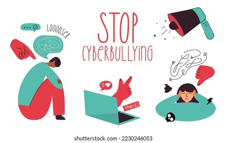 Vector illustration set personages and elements STOP cyberbullying, network abuse, internet problem and discrimination. 