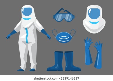 Vektorgrafik eines Satzes persönlicher Schutzausrüstung. Schuhe, Maske, Brille, verschiedene Arten von Oberbekleidung.