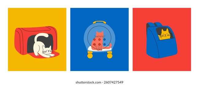 Vector illustration set of pet carriers for cats. Includes different types of travel bags: a backpack, rolling carrier, soft-sided crate. Perfect for posters, prints, designs.