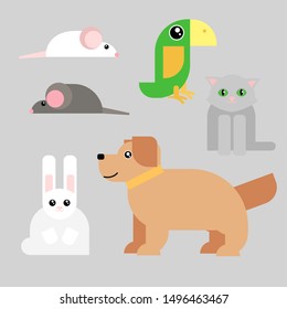 Vector illustration of a set with pets. Domestic animals collection. Illustration of a mice,a dog, a cat, a parrot, a rabbit in a flat style 