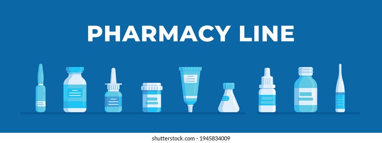  Vector illustration of a set of pharmaceuticals on a blue background. Therapeutic pills, pills, drugs in the lab for inspection. Coronavirus test.