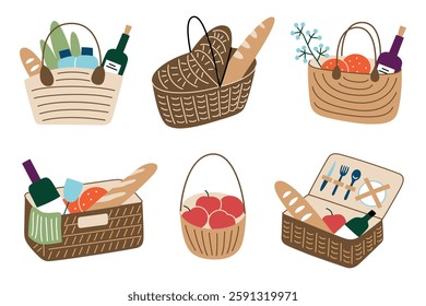 Vector illustration set of picnic baskets with food, wine, and fruits. Wicker baskets with baguette, apples, and utensils. Flat, cartoon style. Doodles for summer, leisure, and outdoor dining themes