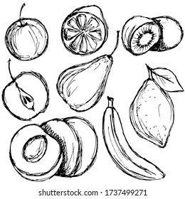 vector illustration, set of picture in doodle style in black, fruit, apple, pear, banana, kiwi, peach, lemon, isolate on a white background
