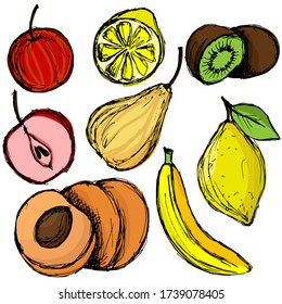 vector illustration, set of picture in doodle style in bright color, fruit, apple, pear, banana, kiwi, peach, lemon, isolate on a white background
