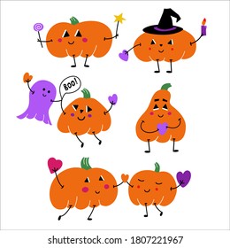 Vector illustration set with a picture of pumpkins in costumes for Halloween. In a hat, with a candle, with a ghost, with a heart in his hands.