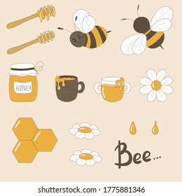 Vector illustration set of pictures of bees, honey, honey spoon, barrel and mug with honey, chamomiles.