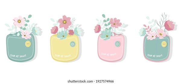 ilustración vectorial - un conjunto de imágenes, bolsillos de diferentes colores, llenos de flores. una foto sobre el tema de primavera, verano, flores, floristería. ilustración plana para sitios web, revistas, aplicación