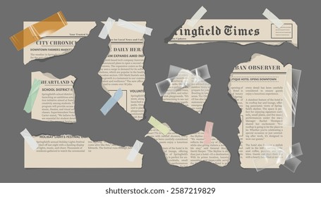 Vector illustration of set of pieces of newsprint, different shapes, attached with adhesive tape. Torn scraps in grunge style. For collage and notes. Isolated gray background. Realism.