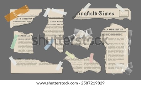Vector illustration of set of pieces of newsprint, different shapes, attached with adhesive tape. Torn scraps in grunge style. For collage and notes. Isolated gray background. Realism.