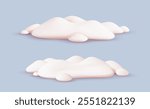 Vector illustration of set of pile of realistic white snow on light blue background. 3d cartoon style design of winter snowy decoration element. Snow drift for banner, card, poster