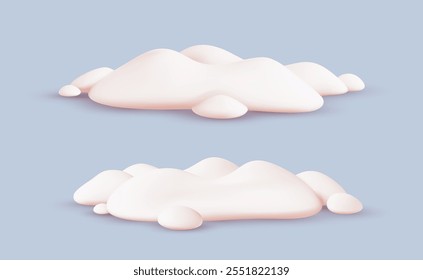 Vector illustration of set of pile of realistic white snow on light blue background. 3d cartoon style design of winter snowy decoration element. Snow drift for banner, card, poster