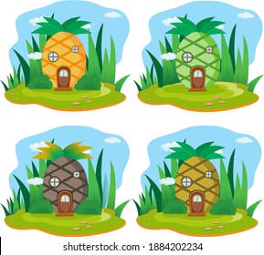 vector illustration set of pineapple fruit house with grass and cloud