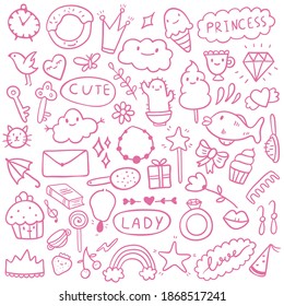 Vector illustration set of pink doodle icons. Theme for cute girls, princess, sweets, decorations. All images are isolated. Suitable for backgrounds, wrapping paper.