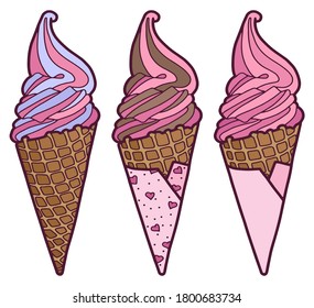 Ilustración vectorial. Conjunto de helados rosas en un cono. Un postre romántico. Helado suave en un cono de gofre.