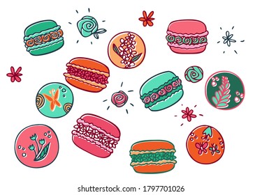 Vector illustration set in pink orange blue and green colors. French small sweet cakes macaroons with orange strawberry and mint flavor decorated with flowers 