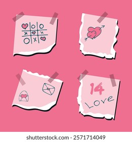 Vector illustration of a set of pink
paper stickers with Valentine's day illustrations on a pink background.