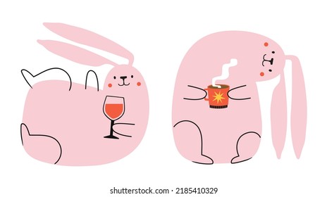 Vector illustration set with pink rabbits drinking wine and coffee or tea. Trendy print design collection of Chinese New Year 2023 symbol, year of rabbit. Sticker pack greeting card template