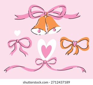 Conjunto de ilustrações vetoriais de cor-de-rosa Fita e coração em estilo Grandmillennial