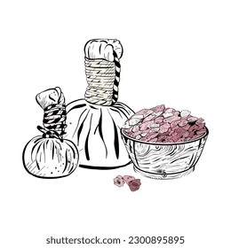 Ilustración vectorial del set con sal cosmética de mar rosa en el tazón y dos bolsas cosméticas para masaje sobre fondo blanco. Borde negro, dibujo gráfico en curvas. Para impresiones textiles, logotipo, sello, carteles