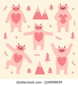 Ilustración vectorial con Yeti rosa con barrigas esponjosas en forma de corazón. Etiqueta romántica o colección de tarjetas de felicitación. Animales mágicos, montañas, pinos