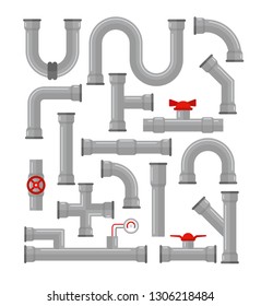 Vector illustration set of pipes different types isolated on white background. Water tubes, elements for gas valve construction, oil industrial concept in flat style.