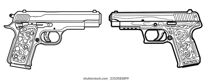Ilustración vectorial, Set Illustration of Pistol Gun with Ornament, lineart