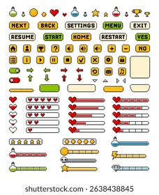 Vector illustration of a set of pixel icons for game interface. Buttons, arrows, indicator, magic items, coins, lifelines and achievements. 8 bit. For mobile gaming applications or websites.