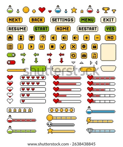 Vector illustration of a set of pixel icons for game interface. Buttons, arrows, indicator, magic items, coins, lifelines and achievements. 8 bit. For mobile gaming applications or websites.