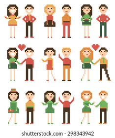 Vector illustration. Set of pixel people isolated on white background.