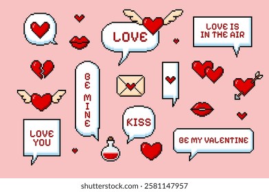 Vector Illustration of a set with pixel red hearts, lips and speech bubbles, different shapes and inscription. Valentine's Day. 8 bit retro icons on isolated pink background. 90's aesthetics.